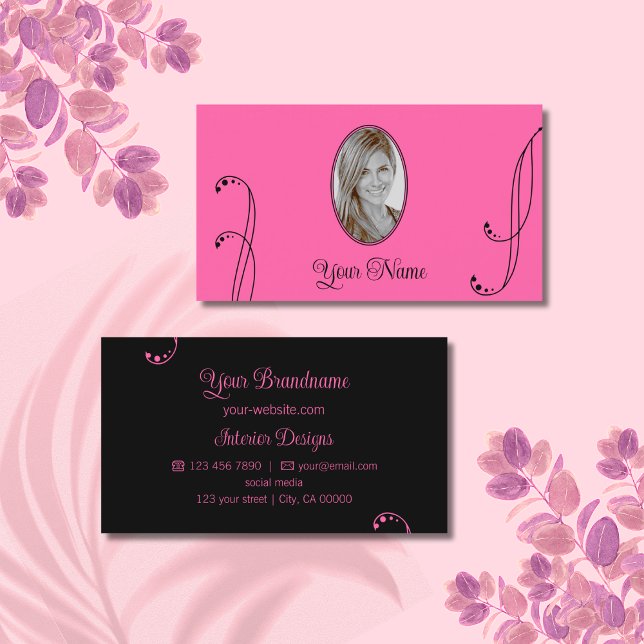 Stilvoll rosa und schwarz Verziert mit Portrait Fo Visitenkarte (Von Creator hochgeladen)