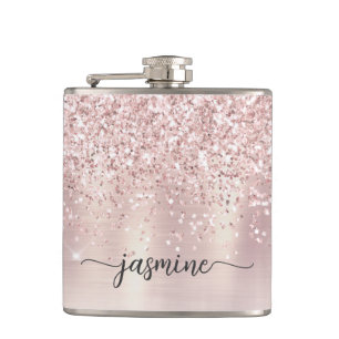 Stilvoll roségoldener Glitter Monogramm Namenszug Flachmann