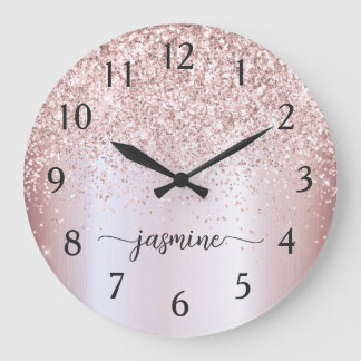 Stilvoll roségoldener Glitter Monogramm Namenszug Große Wanduhr
