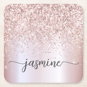 Stilvoll roségoldener Glitter Monogramm Namenszug Rechteckiger Pappuntersetzer