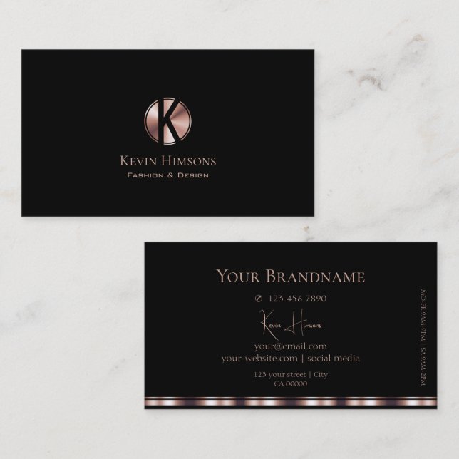 Stilvoll Schlicht Schwarz und Rose Gold mit Monogr Visitenkarte (Vorne/Hinten)