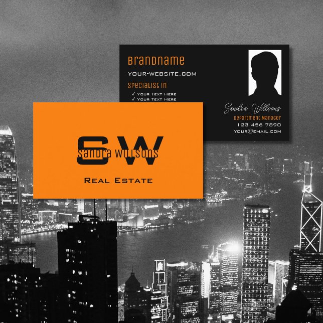 Stilvoll Schlichtes Orange Black mit Monogramm und Visitenkarte (Von Creator hochgeladen)