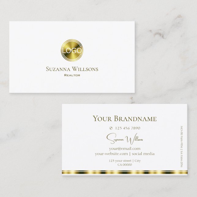Stilvoll Schlichtes Weiß und Gold mit Logo Elegant Visitenkarte (Vorne/Hinten)