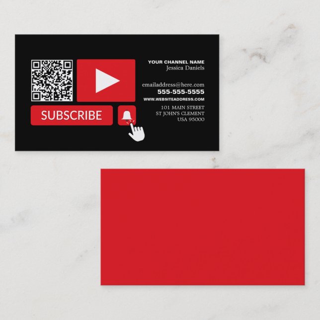 Stilvoll schwarz & rot - QR Code, Youtube - Vlogge Visitenkarte (Vorne/Hinten)