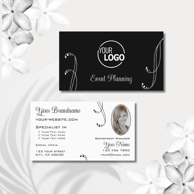 Stilvoll Schwarz-weiß mit Logos und Foto Verziert Visitenkarte (Von Creator hochgeladen)