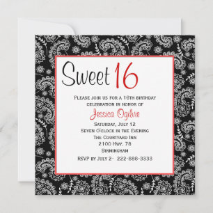 Stilvoll Schwarz & Weiß Paisley Sweet 16 Geburtsta Einladung