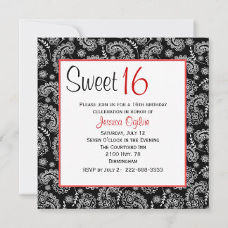Stilvoll Schwarz & Weiß Paisley Sweet 16 Geburtsta Einladung
