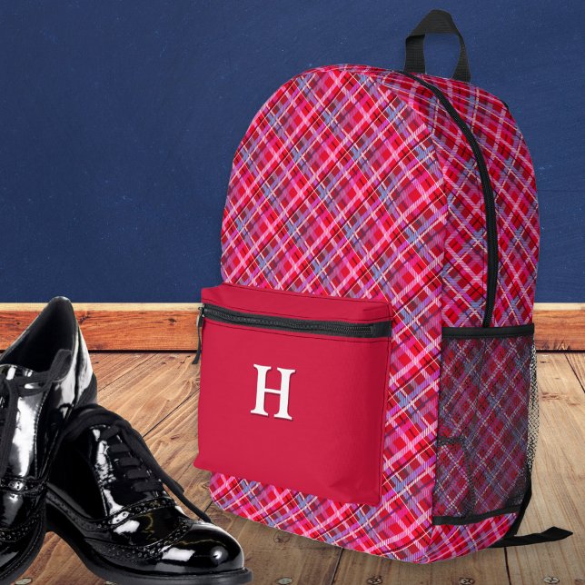 Stilvoll Tartan Kariertes Muster Mit Monogramm Red Bedruckter Rucksack (A stylish monogrammed backpack with tartan plaid pattern and red front pocket)