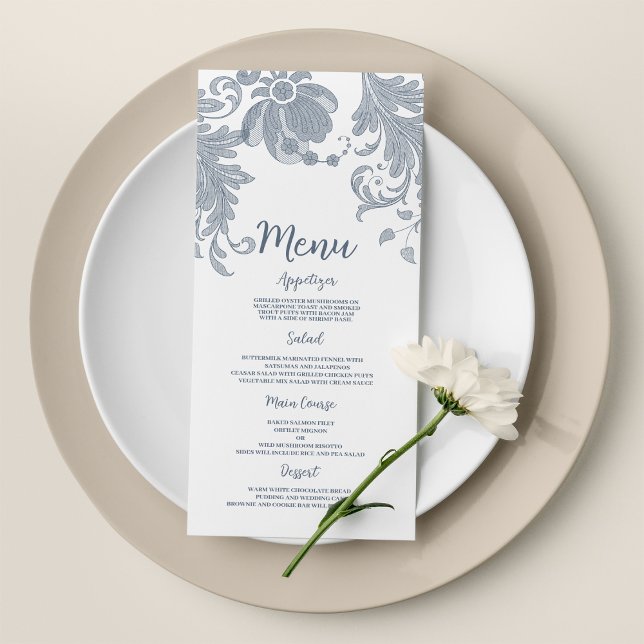 Stilvoll weiß-lila bläulich-blühende Hochzeitsmenü Programm (Stylish white mauve blue floral lace Wedding Menu)