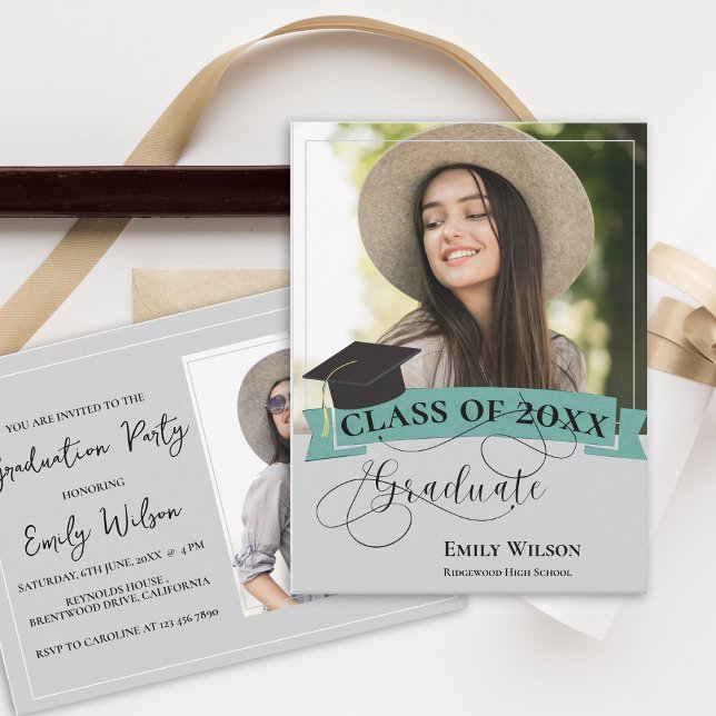 Stilvolle 2-Foto 2025-Graduierungsparty Einladung Postkarte (Stylish 2 Photo 2025 Graduation Party Invitation Postcard)