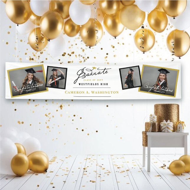 Stilvolle 4-Foto-Graduate-Party für Skripte Banner (Stylish Handwriting Script Graduate Photo Graduation Party Banner @ www.zazzle.com/color_therapy)