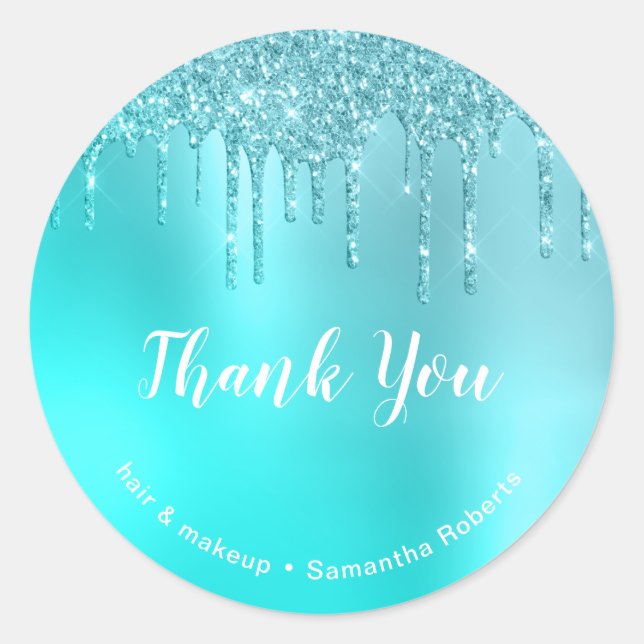 Stilvolle Aqua Blue Mint Glitzer Tropfen Haar & Ma Runder Aufkleber (Vorderseite)
