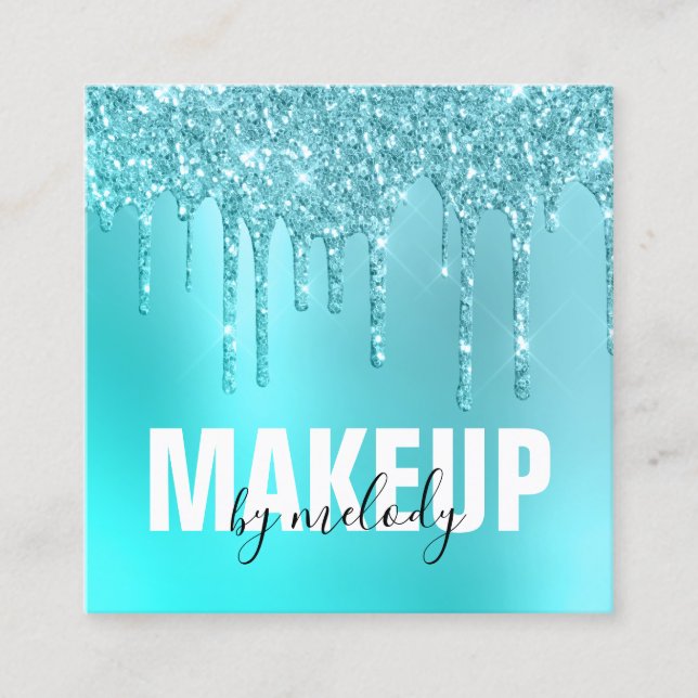 Stilvolle Aqua Blue Mint Glitzer Tropfen Make-up K Quadratische Visitenkarte (Vorderseite)