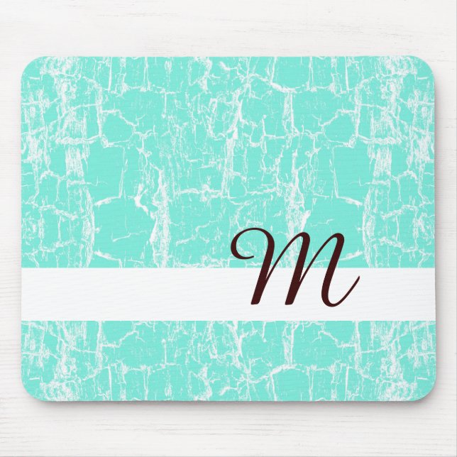 Stilvolle Aqua Mint Crackle mit Monogram Initial Mousepad (Vorne)