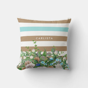Stilvolle Aqua und Tan Floral und Streifen mit Nam Kissen