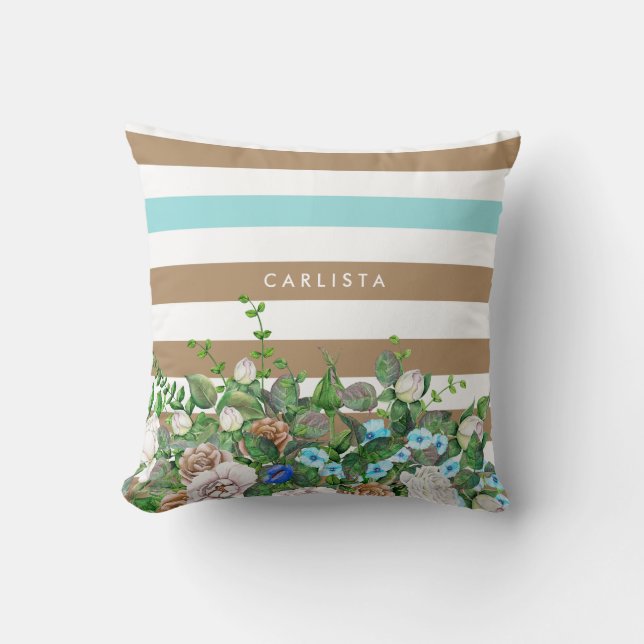 Stilvolle Aqua und Tan Floral und Streifen mit Nam Kissen (Vorderseite)
