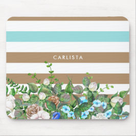 Stilvolle Aqua und Tan Floral und Streifen mit Nam Mousepad