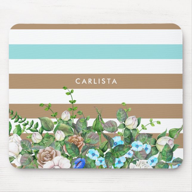Stilvolle Aqua und Tan Floral und Streifen mit Nam Mousepad (Vorne)