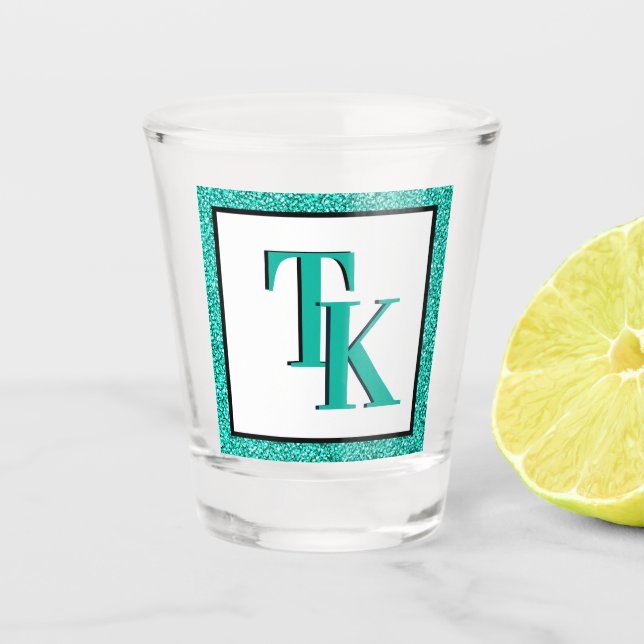 Stilvolle Aquamarin Blue Glitzer Glam Monogram Ini Schnapsglas (Vorderseite)