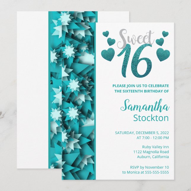 Stilvolle Aquamarin Sweet 16 Einladung (Vorne/Hinten)