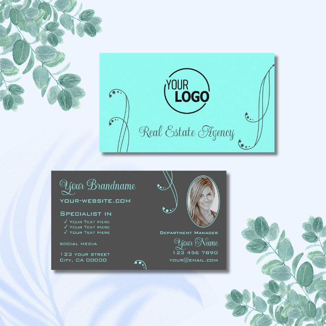 Stilvolle Aquamarine Gray Chic Verziert mit Logo u Visitenkarte (Von Creator hochgeladen)