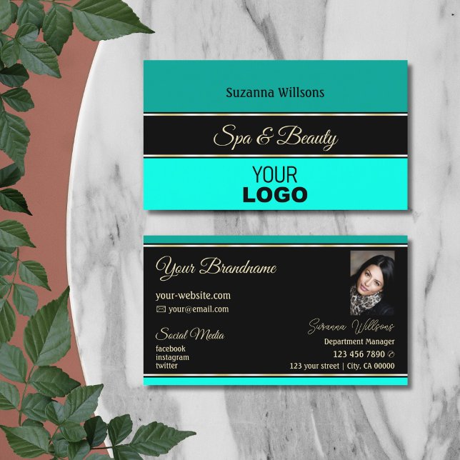 Stilvolle Aquamarine Grenzen auf Schwarz mit Logo  Visitenkarte (Von Creator hochgeladen)