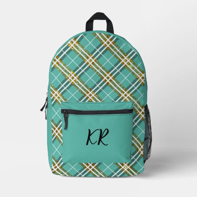 Stilvolle Aquamarine Schachtel Gold Glitzer Border Bedruckter Rucksack (Vorderseite)