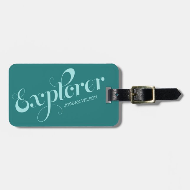 Stilvolle Aquamarine Script Typografy Explorer-Bag Gepäckanhänger (Vorderseite horizontal)