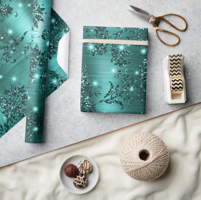Stilvolle Aquamarine Shimmer Glitzer und Foil Flor Geschenkpapier (Kunsthandwerk)