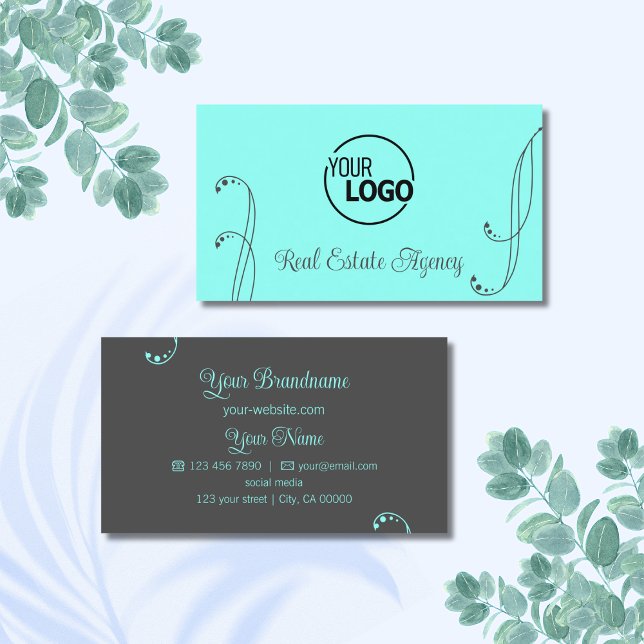 Stilvolle Aquamarine und graue Ornamente mit Logo  Visitenkarte (Von Creator hochgeladen)