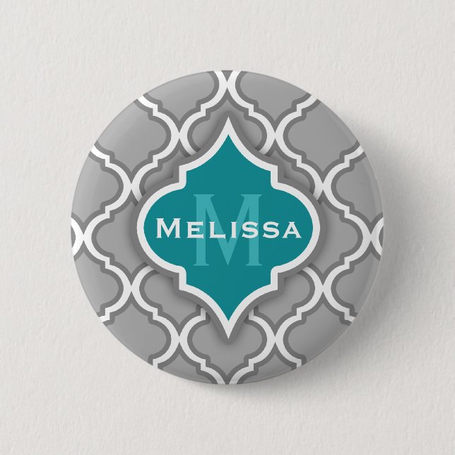 Stilvolle Aquamarine und graumarokkanische Fliesen Button (Vorderseite)