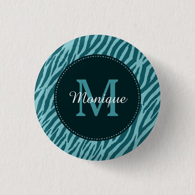 Stilvolle Aquamarine Zebra-Print mit Monogramm und Button (Vorderseite)