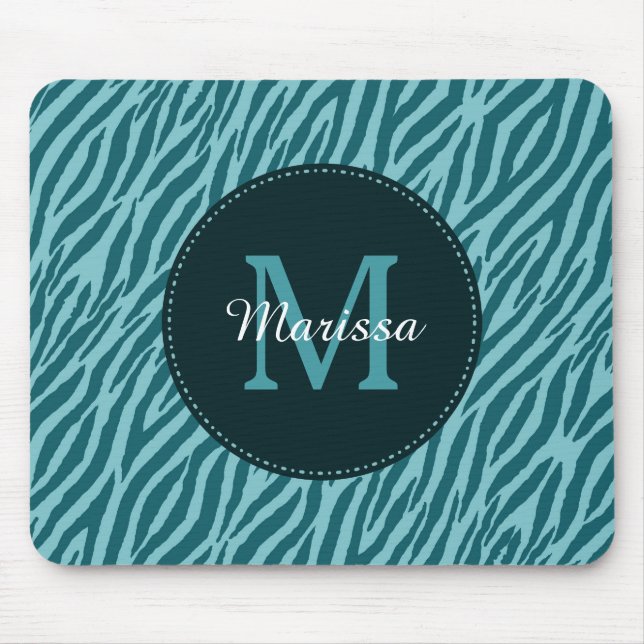 Stilvolle Aquamarine Zebra-Print mit Monogramm und Mousepad (Vorne)