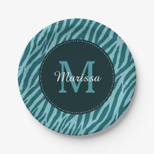 Stilvolle Aquamarine Zebra-Print mit Monogramm und Pappteller