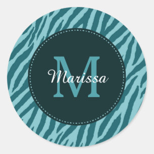 Stilvolle Aquamarine Zebra-Print mit Monogramm und Runder Aufkleber
