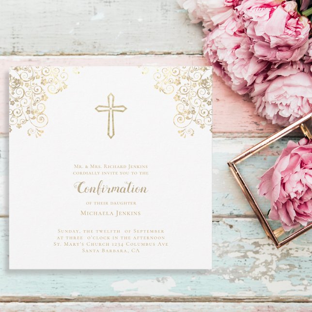 Stilvolle Bestätigung der White Gold Cross Bible V Einladung (Von Creator hochgeladen)