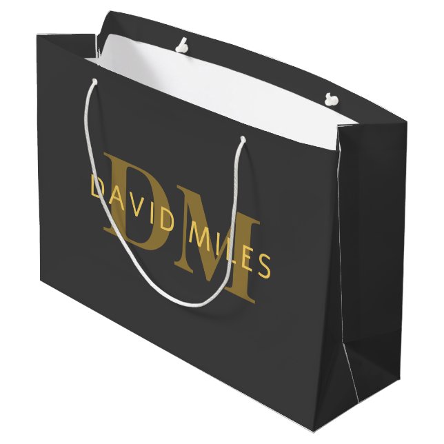 Stilvolle Bezeichnung & Monogramm | Gold & Dunkelg Große Geschenktüte (Rückseite Schrägansicht)