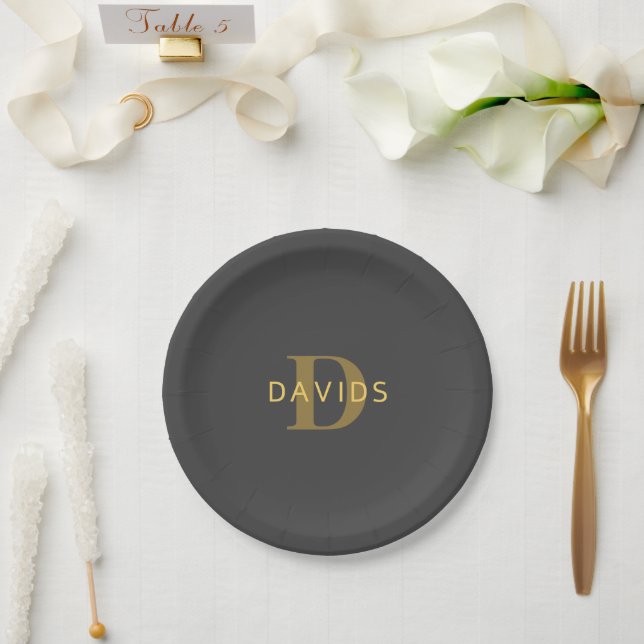 Stilvolle Bezeichnung & Monogramm | Gold & Dunkelg Pappteller (Hochzeit)
