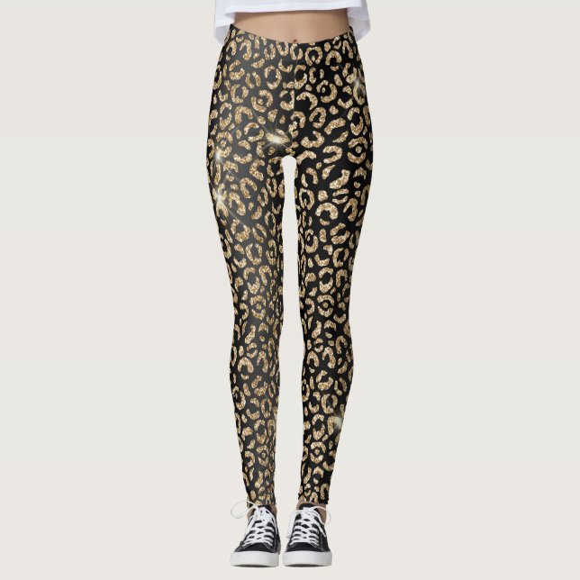 Stilvolle Black and Gold Glitzer Wild Leopard Spot Leggings (Vorderseite)
