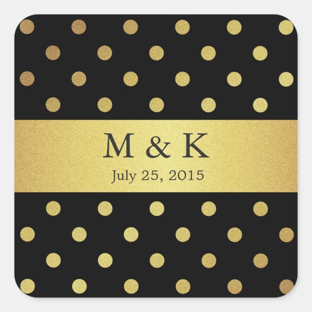 Stilvolle Black and Gold Polka Dots Monogram Quadratischer Aufkleber (Vorderseite)