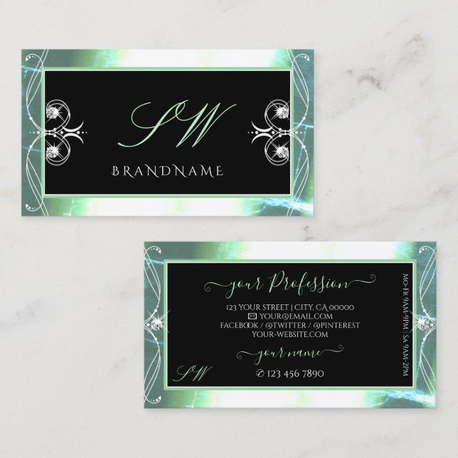Stilvolle Black Aquamarin Sparkle Jewels Initials  Visitenkarte (Vorne/Hinten)
