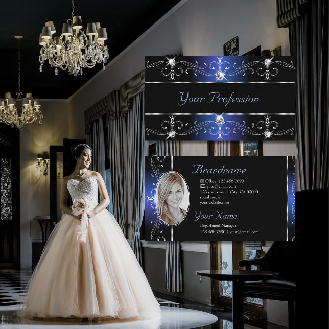 Stilvolle Black Blue Verziert Borders Jewels Foto  Visitenkarte (Von Creator hochgeladen)