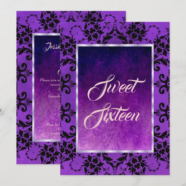 Stilvolle Black Damask & Gothic Lila Sweet 16 Einladung (Vorne/Hinten)