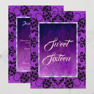Stilvolle Black Damask & Gothic Lila Sweet 16 Einladung
