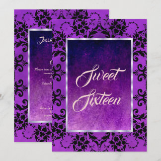 Stilvolle Black Damask & Gothic Lila Sweet 16 Einladung