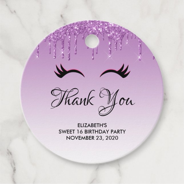 Stilvolle Black Eyelashes und Lila Glitzer Vielen  Geschenkanhänger (Vorderseite)