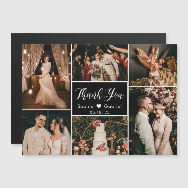 Stilvolle Black Foto Collage Wedding Vielen Dank Magnetkarte (Vorne/Hinten)