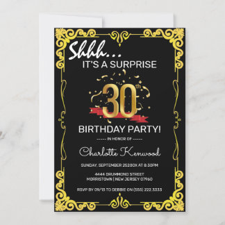 Stilvolle Black & Gold 30. Überraschung Geburtstag Einladung