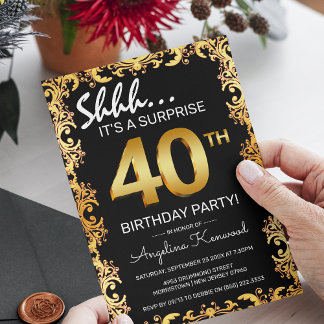 Stilvolle Black & Gold 40. Überraschung Geburtstag Einladung