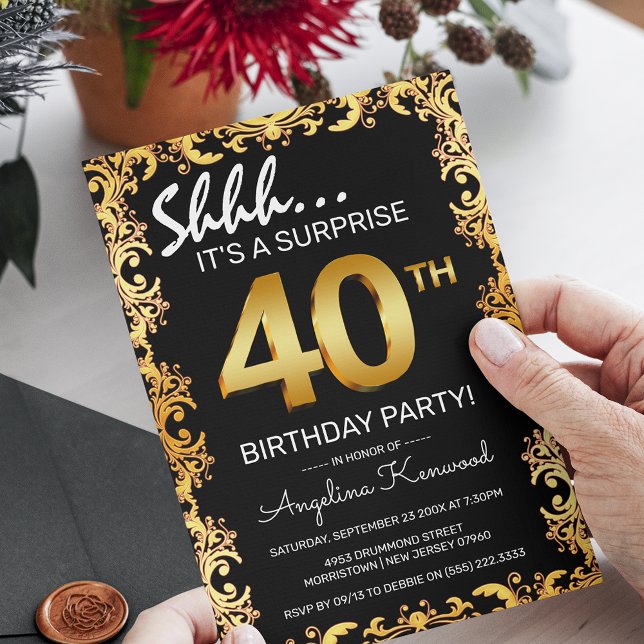 Stilvolle Black & Gold 40. Überraschung Geburtstag Einladung (Von Creator hochgeladen)